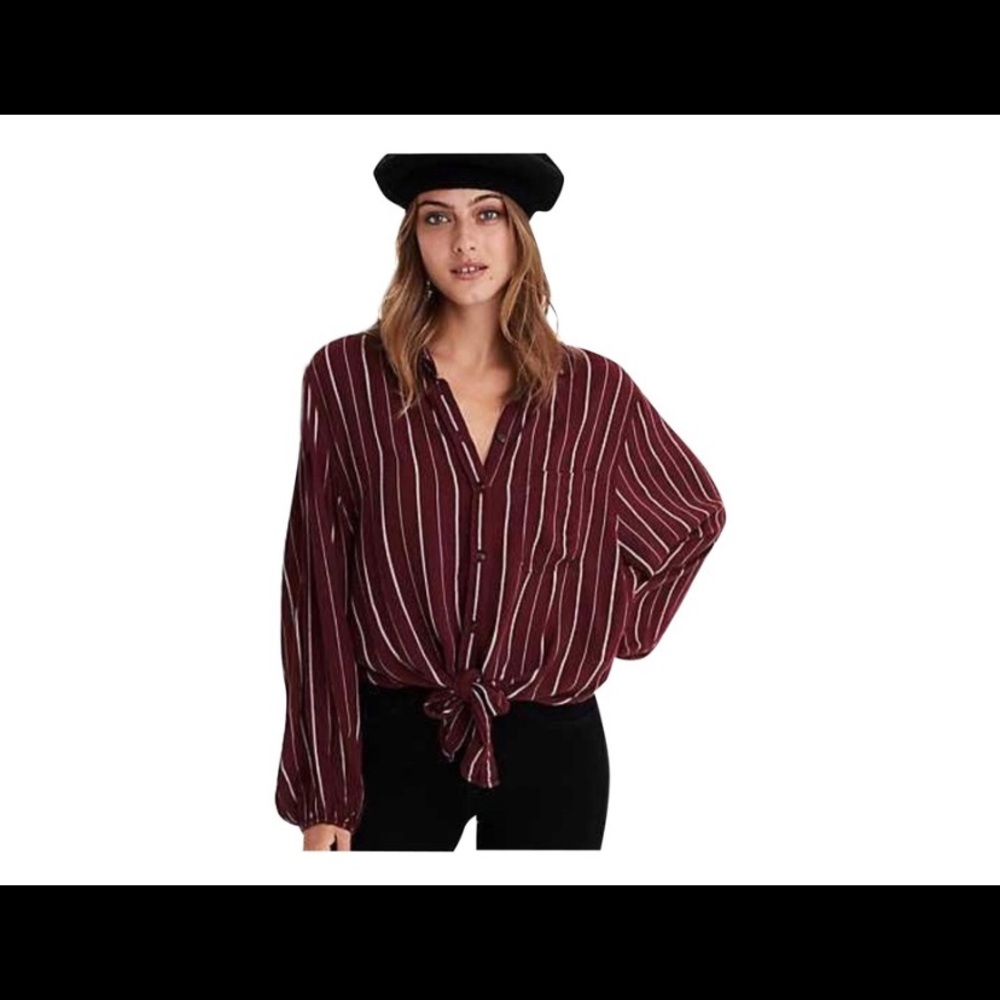 American Eagle Front Tie Blouse Long Sleeve